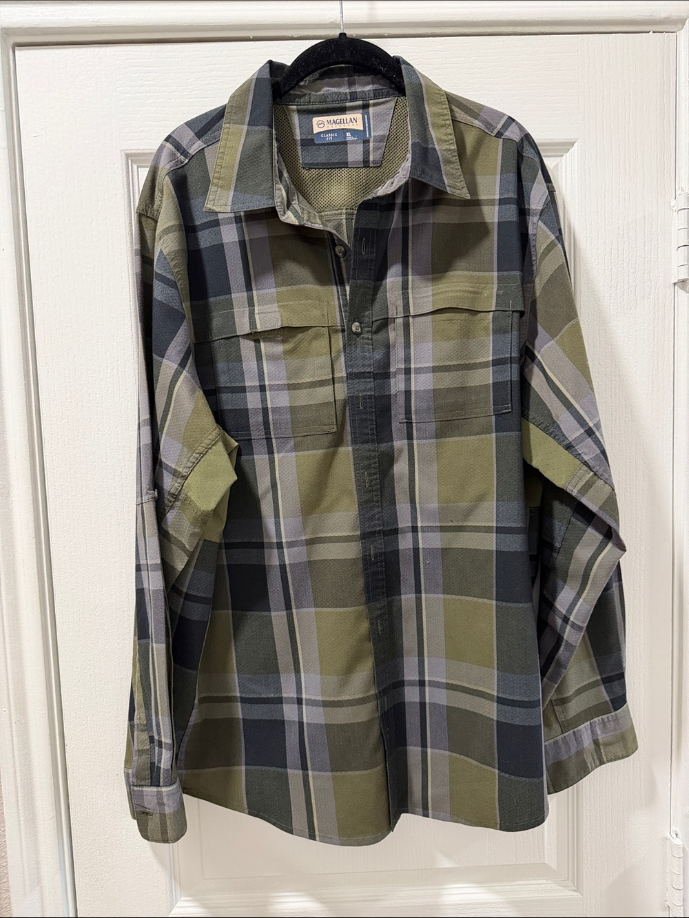 Magellan Outdoors Olive & Gray Plaid Outdoor Shirt Button Down Men’s XL